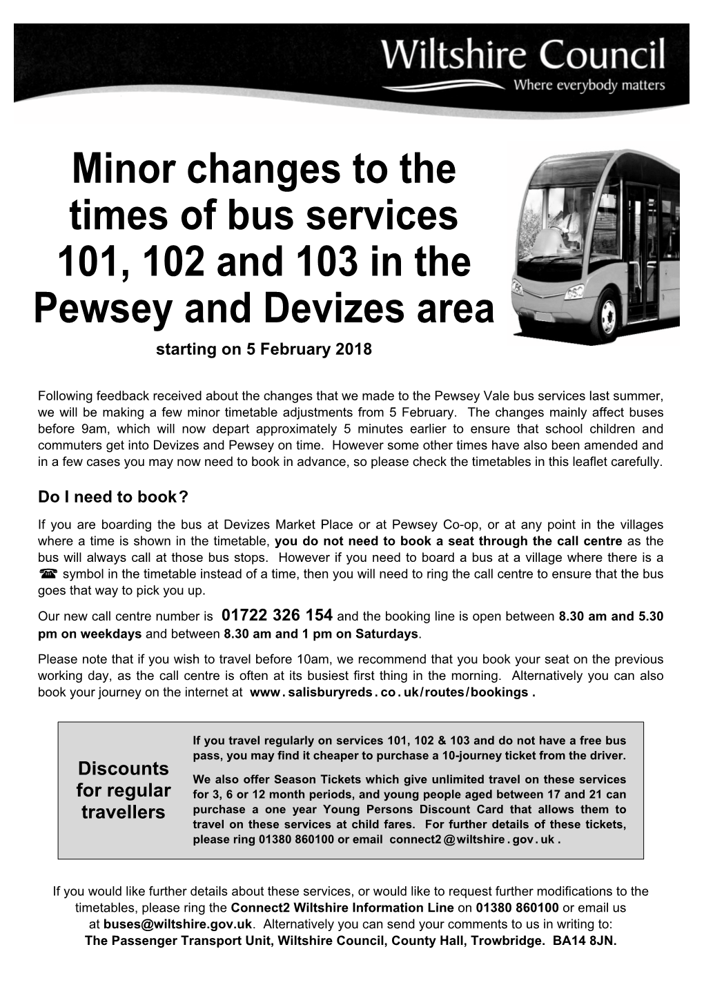 Minor Changes to the Times of Bus Services 101, 102 and 103 in the Pewsey and Devizes Area