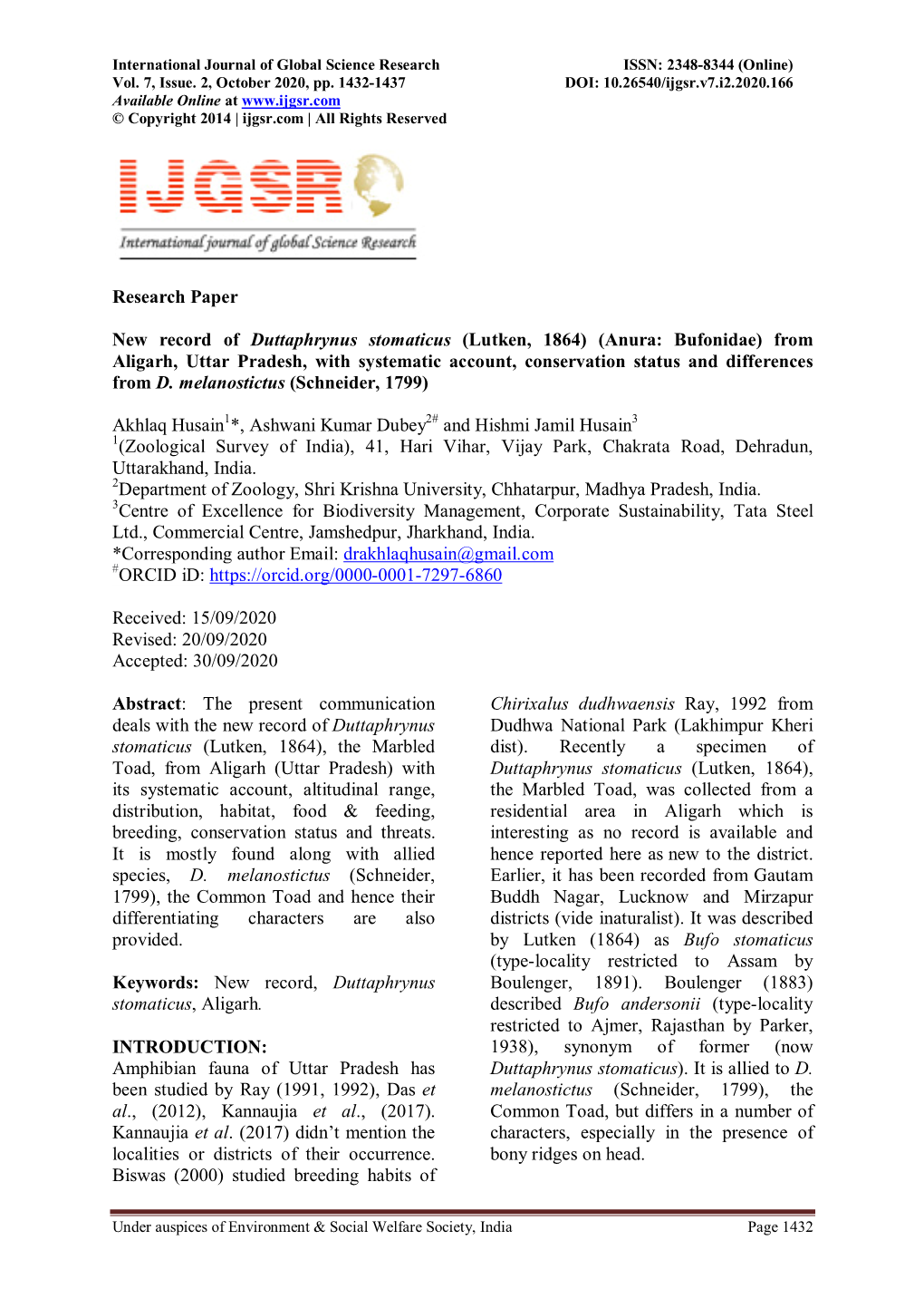 Research Paper New Record of Duttaphrynus Stomaticus (Lutken