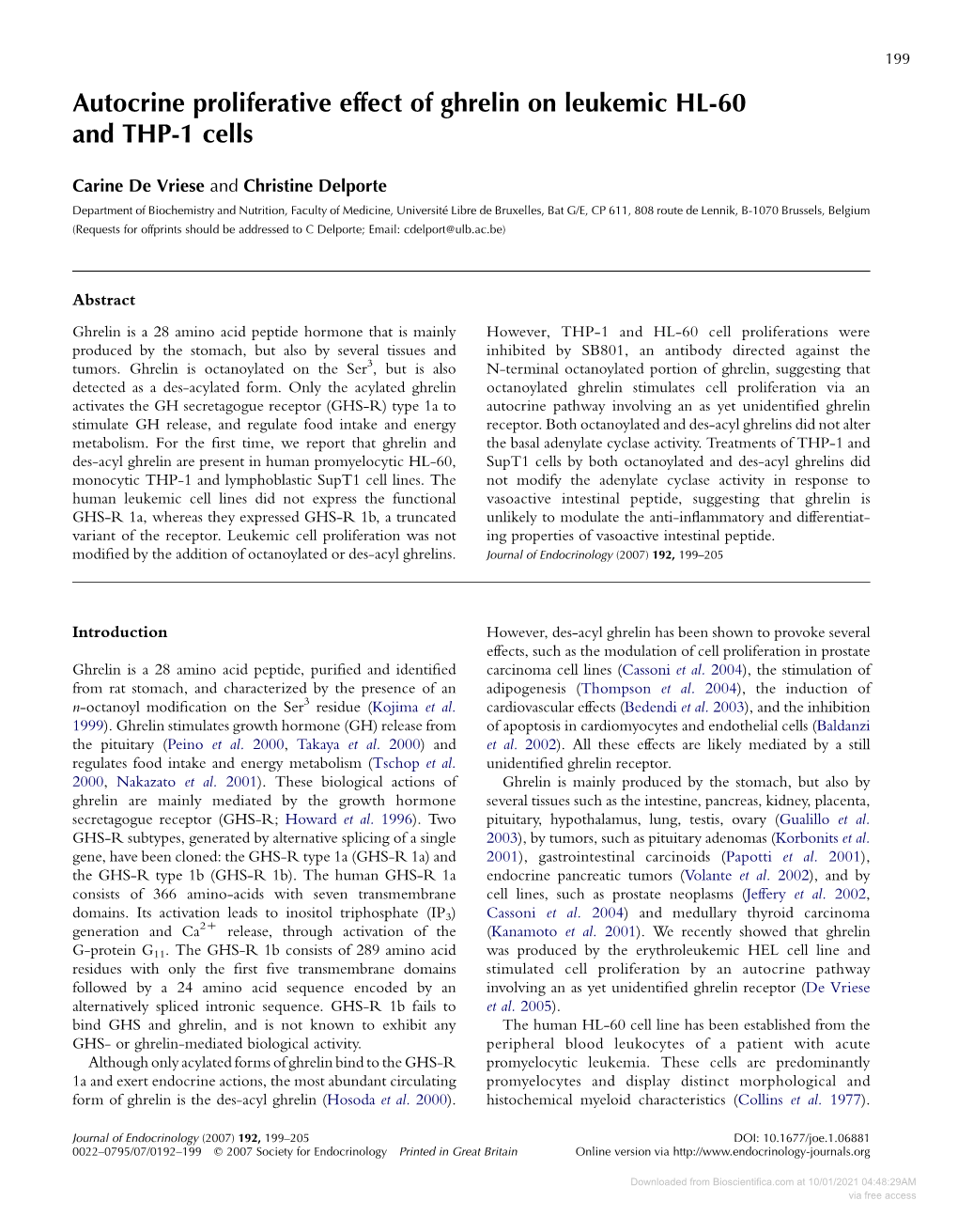 Autocrine Proliferative Effect of Ghrelin on Leukemic HL-60 and THP-1 Cells