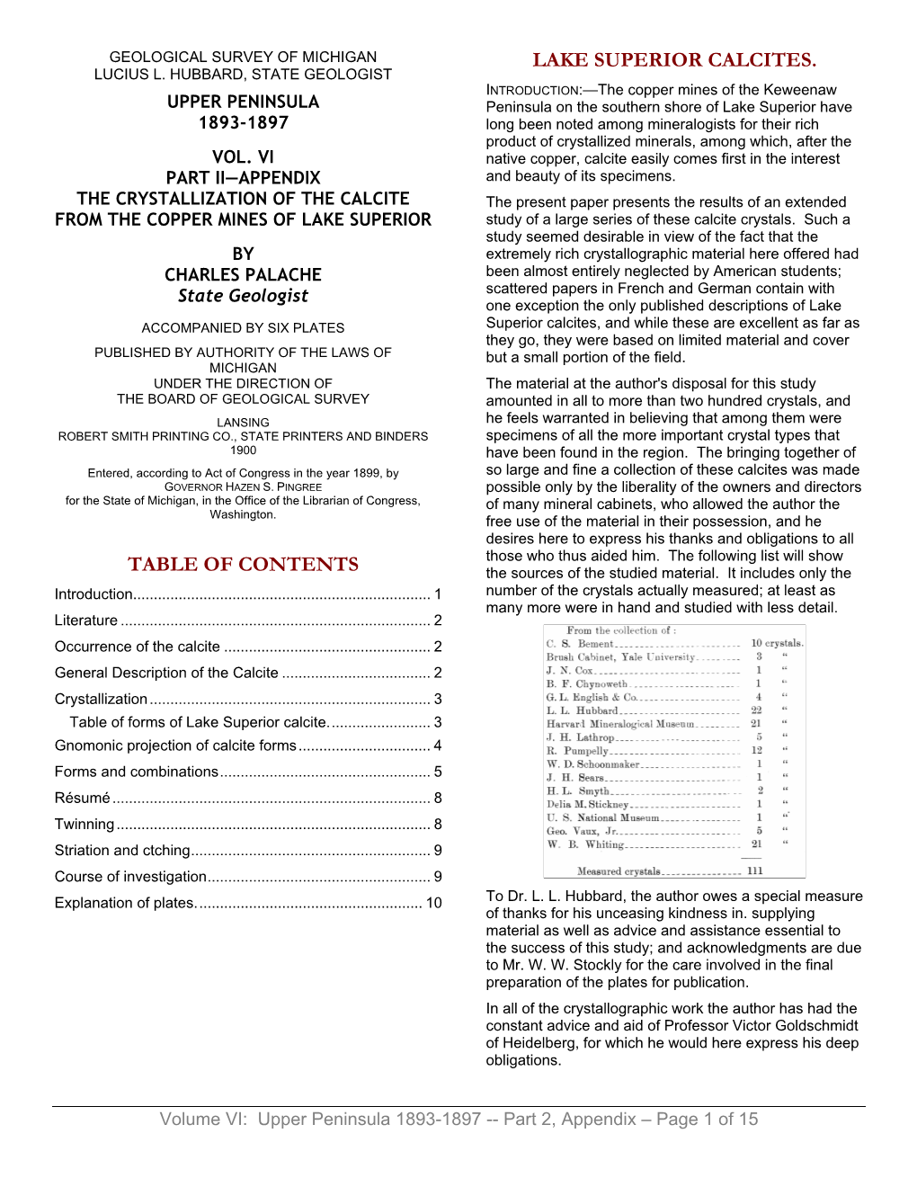 Table of Contents Lake Superior Calcites