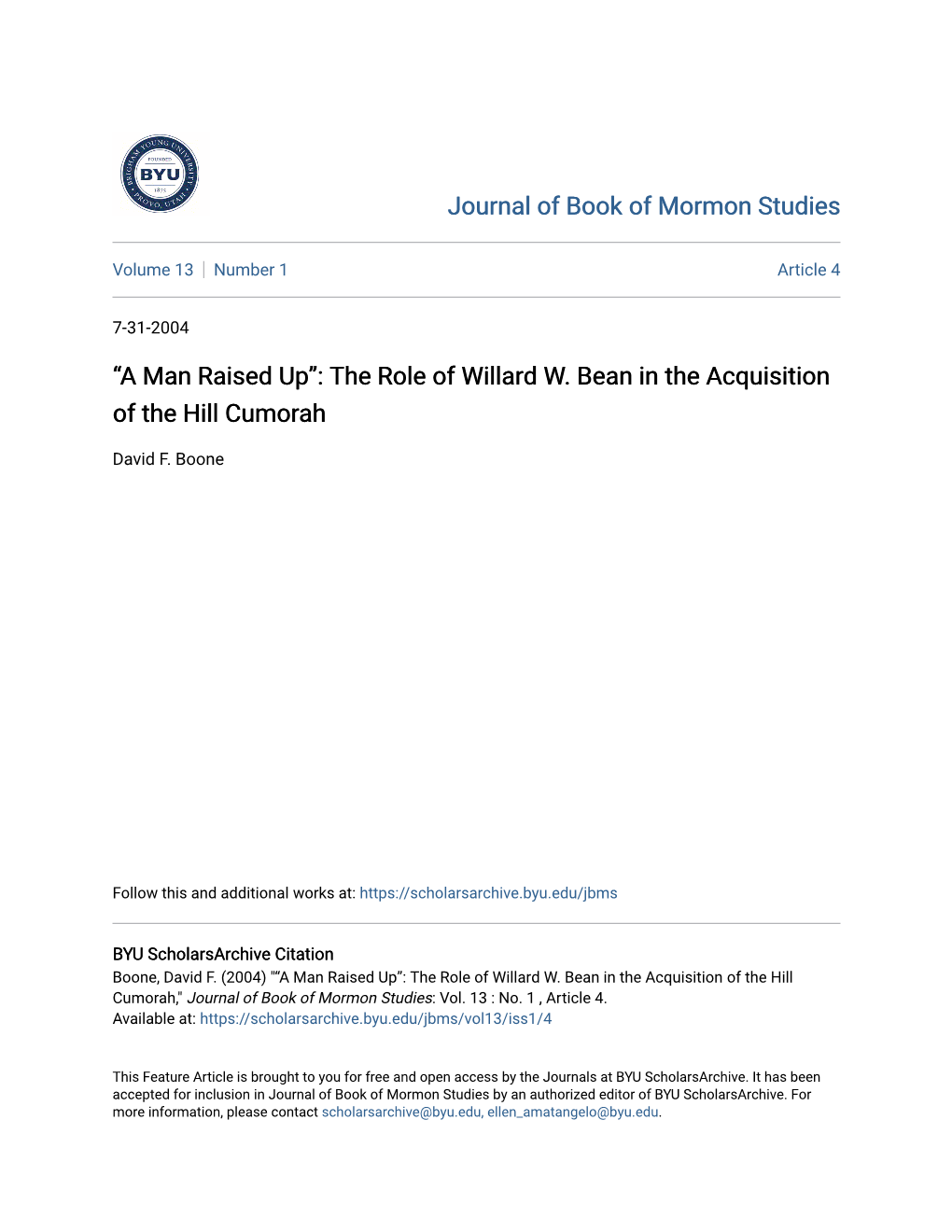 “A Man Raised Up”: the Role of Willard W. Bean in the Acquisition of the Hill Cumorah