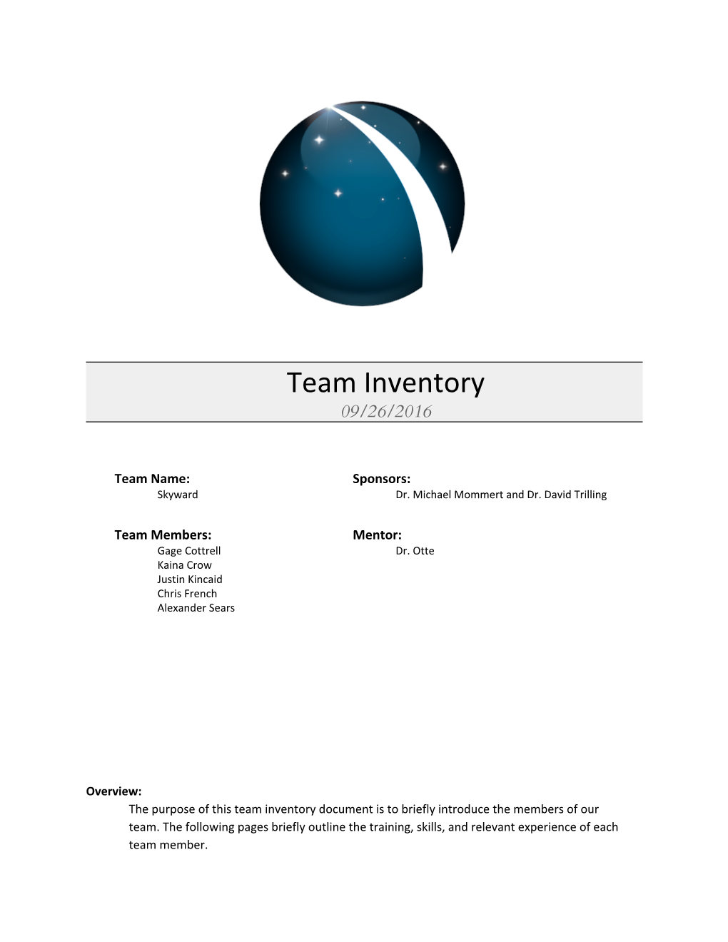 Team Inventory 09/26/2016