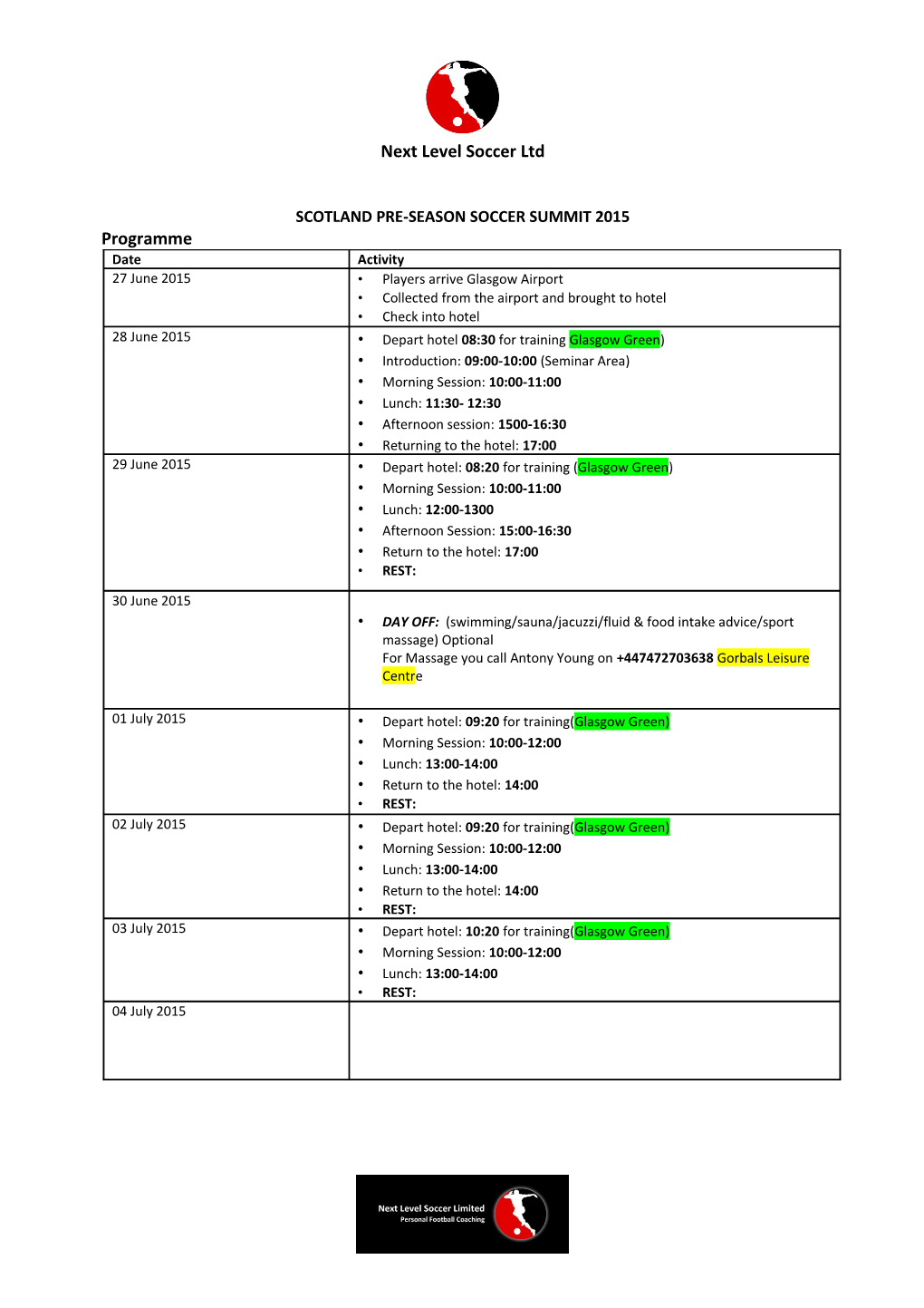 Next Level Soccer Ltd Programme