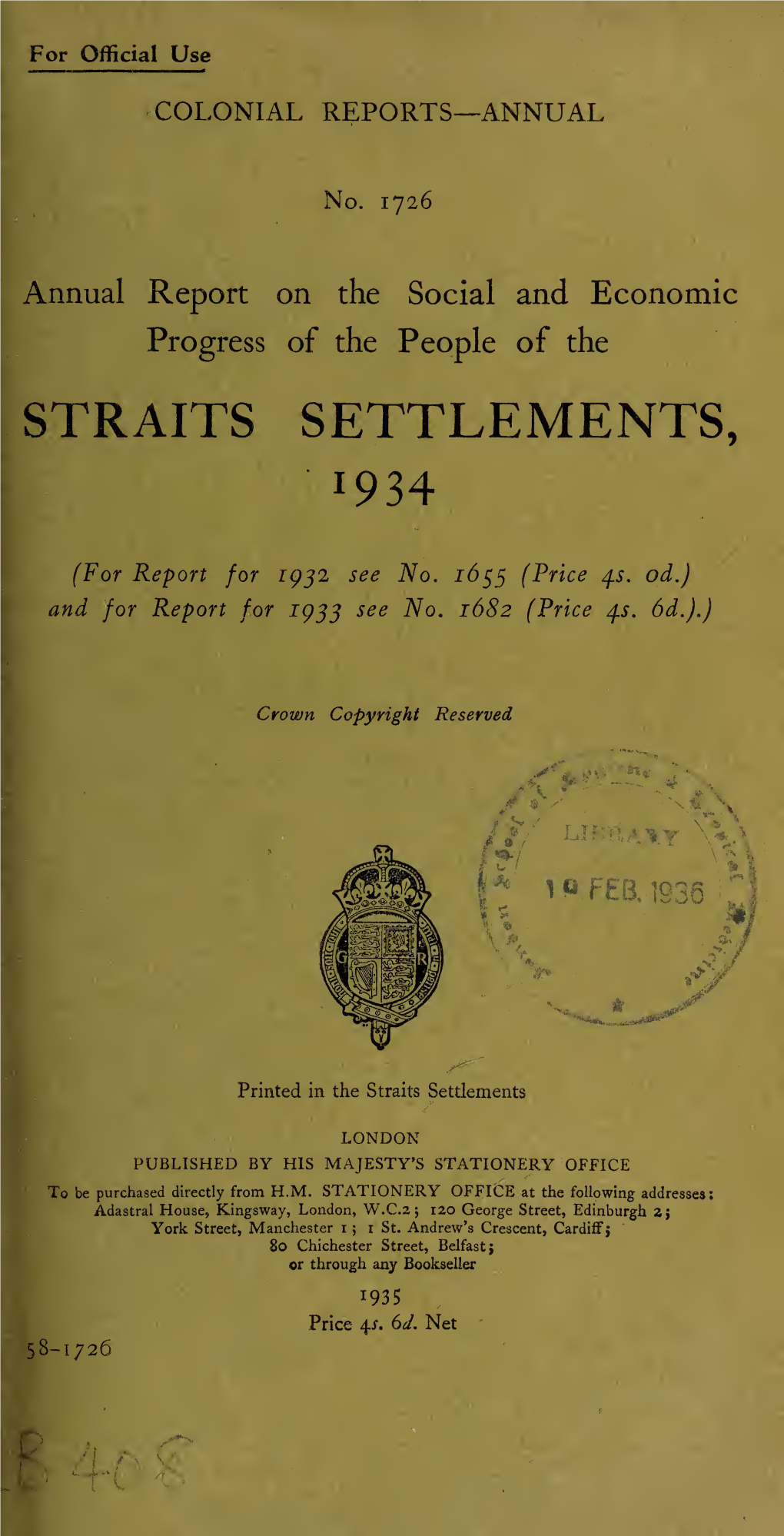 Annual Report Straits Settlements 1934