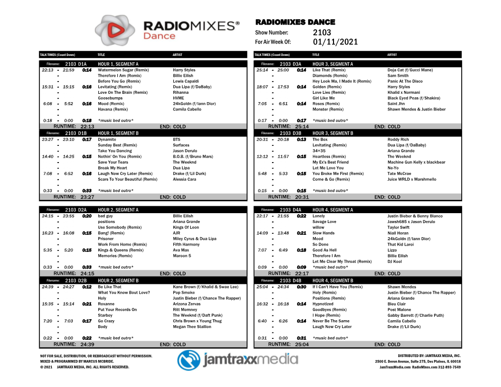 RADIOMIXES DANCE Show Number: 2103 for Air Week Of: 01/11/2021