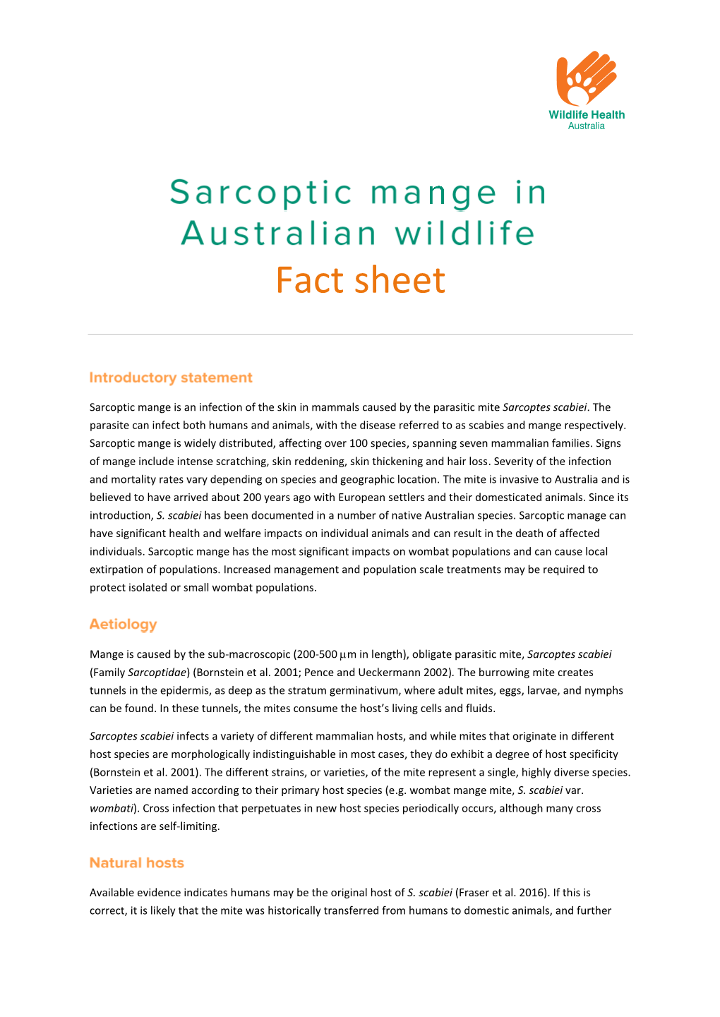 Sarcoptic Mange in Australian Wildlife and It Is Not a Nationally Notifiable Animal Disease