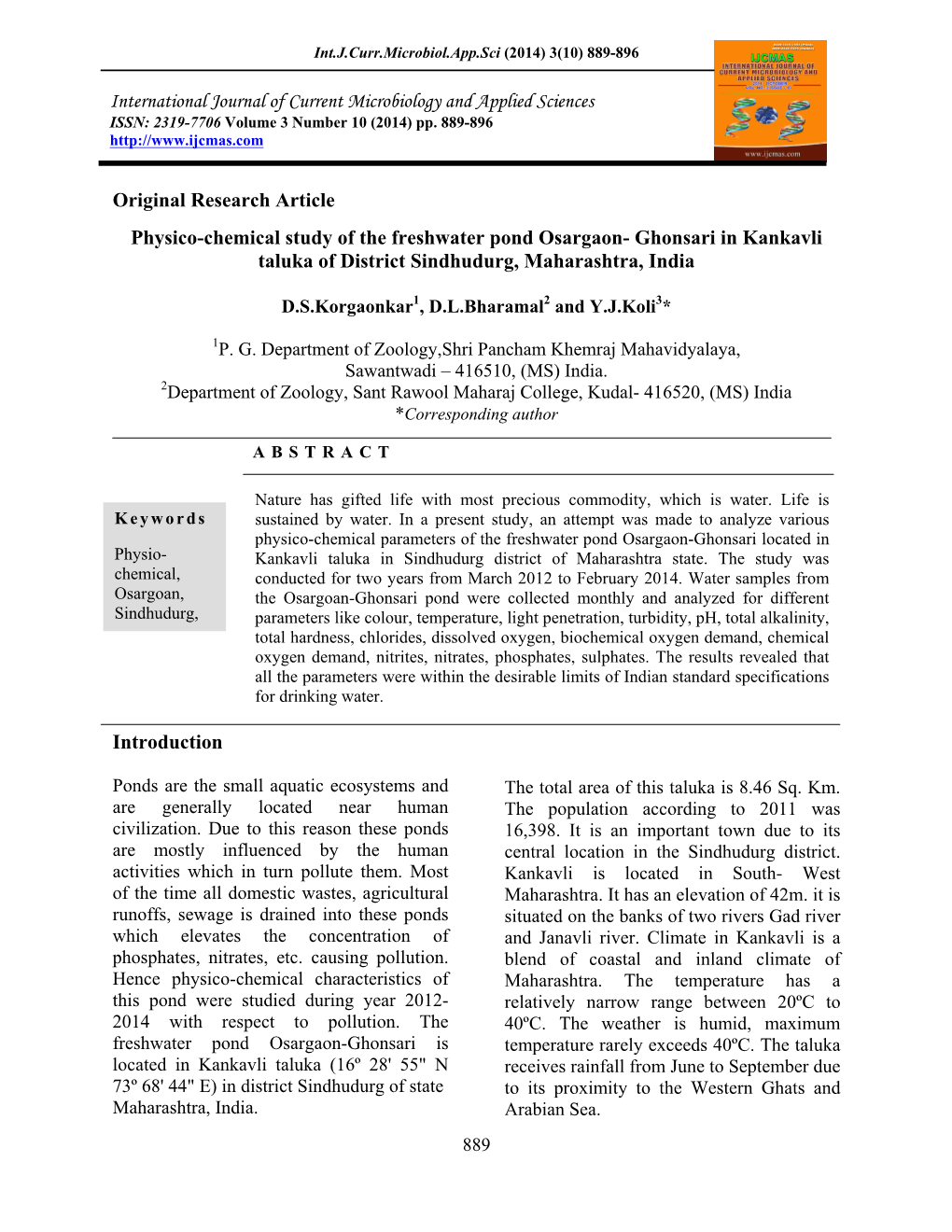 Original Research Article Physico-Chemical Study of the Freshwater Pond Osargaon- Ghonsari in Kankavli Taluka of District Sindhudurg, Maharashtra, India