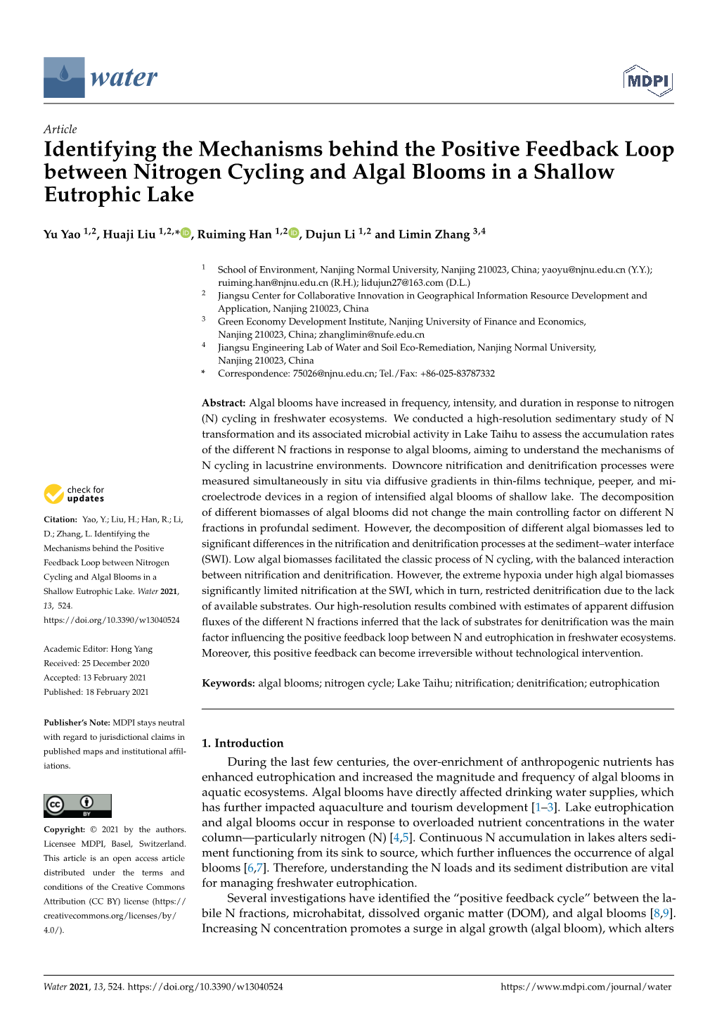 Identifying the Mechanisms Behind the Positive Feedback Loop Between Nitrogen Cycling and Algal Blooms in a Shallow Eutrophic Lake