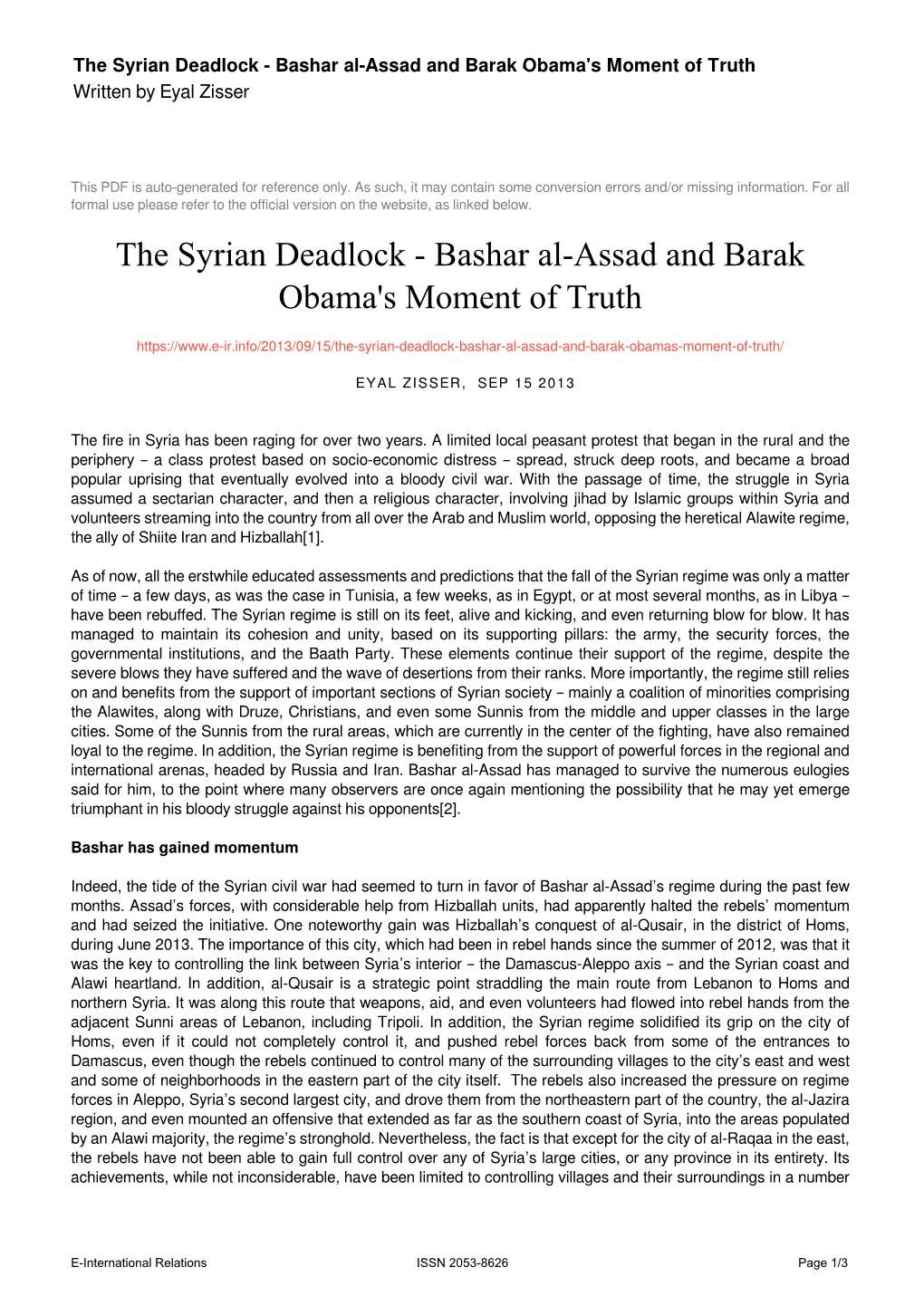 Bashar Al-Assad and Barak Obama's Moment of Truth Written by Eyal Zisser