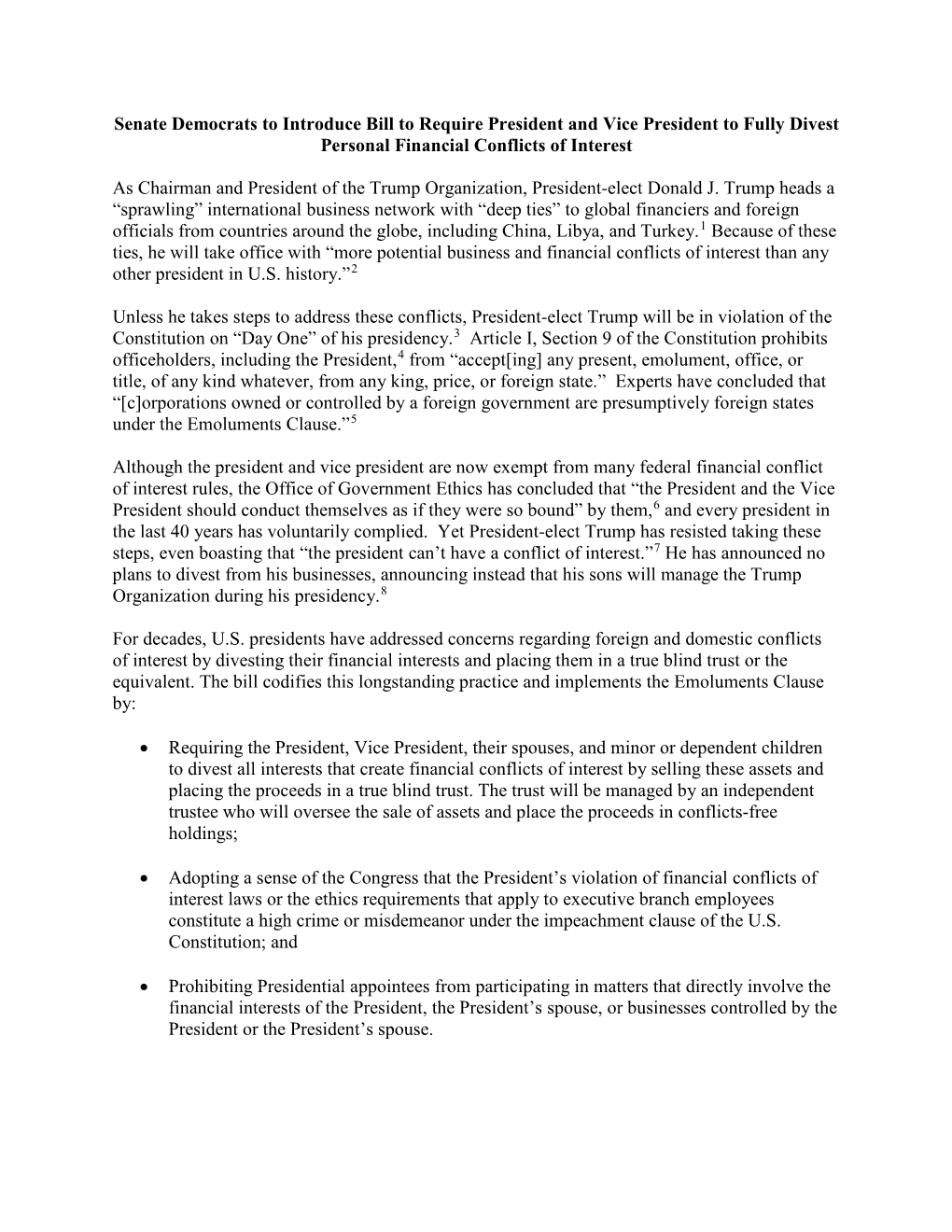 Senate Democrats to Introduce Bill to Require President and Vice President to Fully Divest Personal Financial Conflicts of Interest