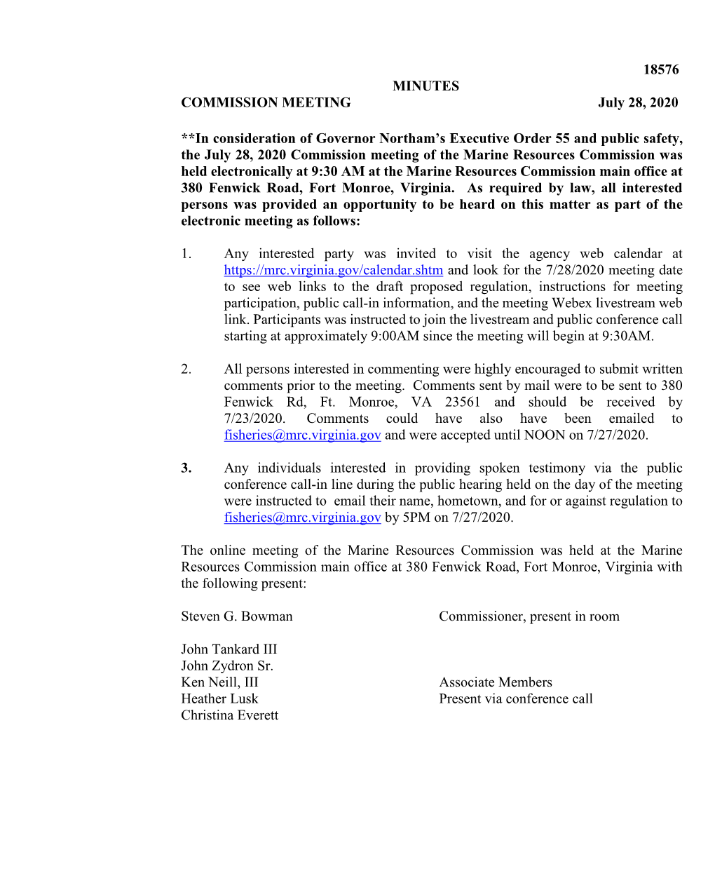 18576 MINUTES COMMISSION MEETING July 28, 2020 **In