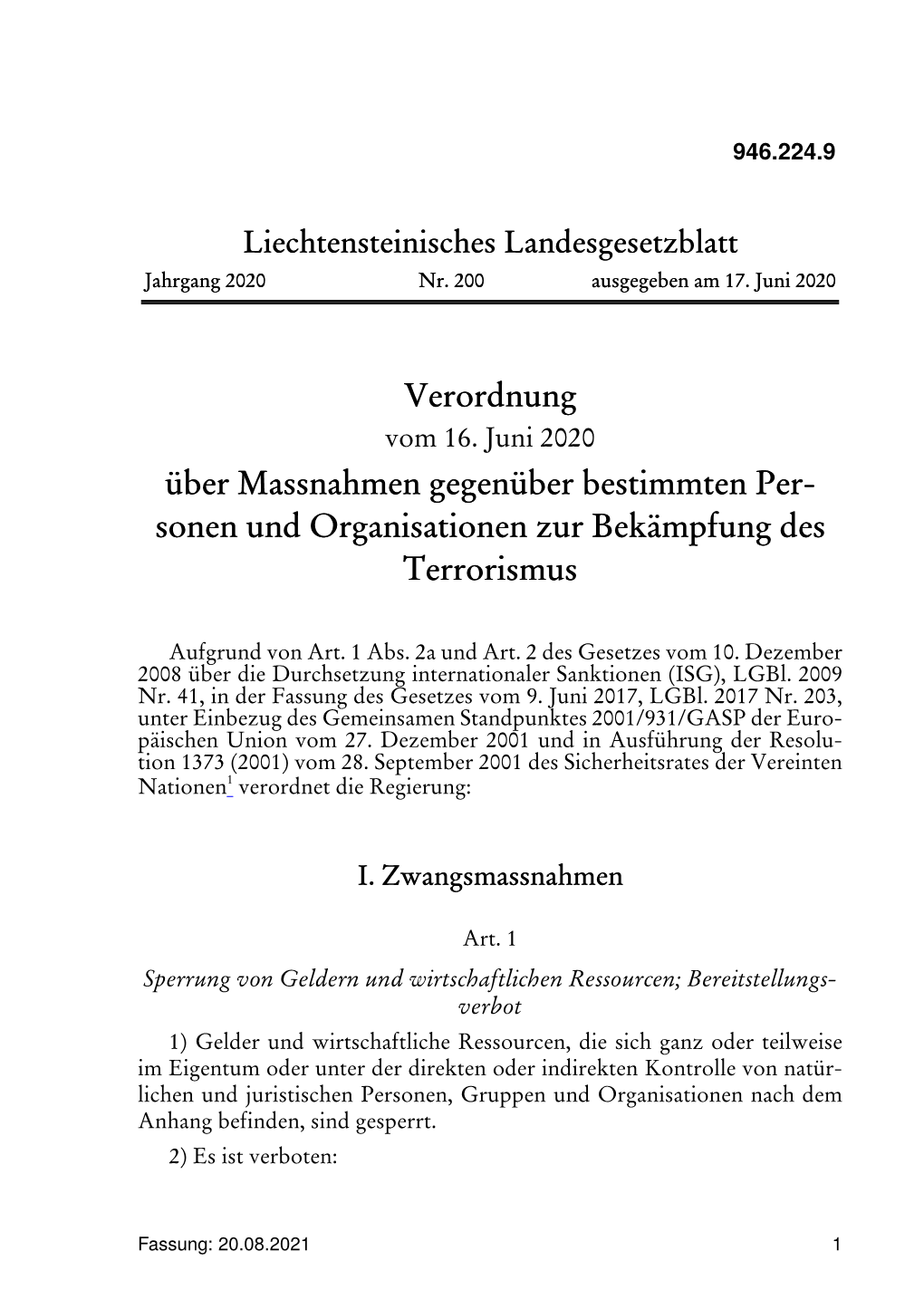 Verordnung Über Massnahmen Gegenüber Bestimmten Per- Sonen Und Organisationen Zur Bekämpfung Des Terrorismus