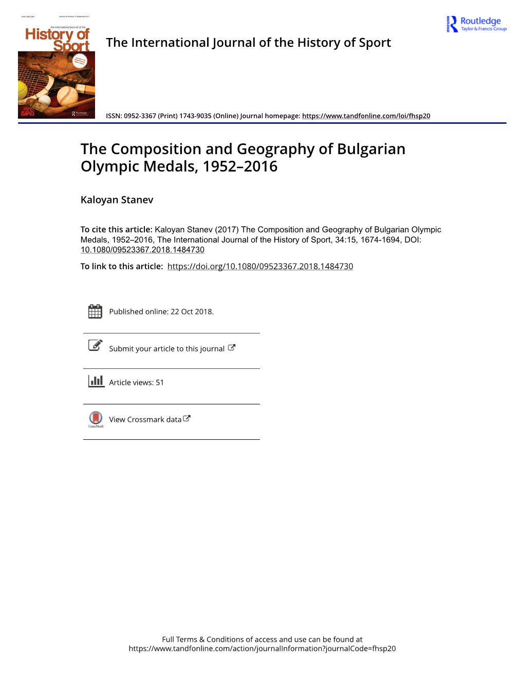 The Composition and Geography of Bulgarian Olympic Medals, 1952–2016