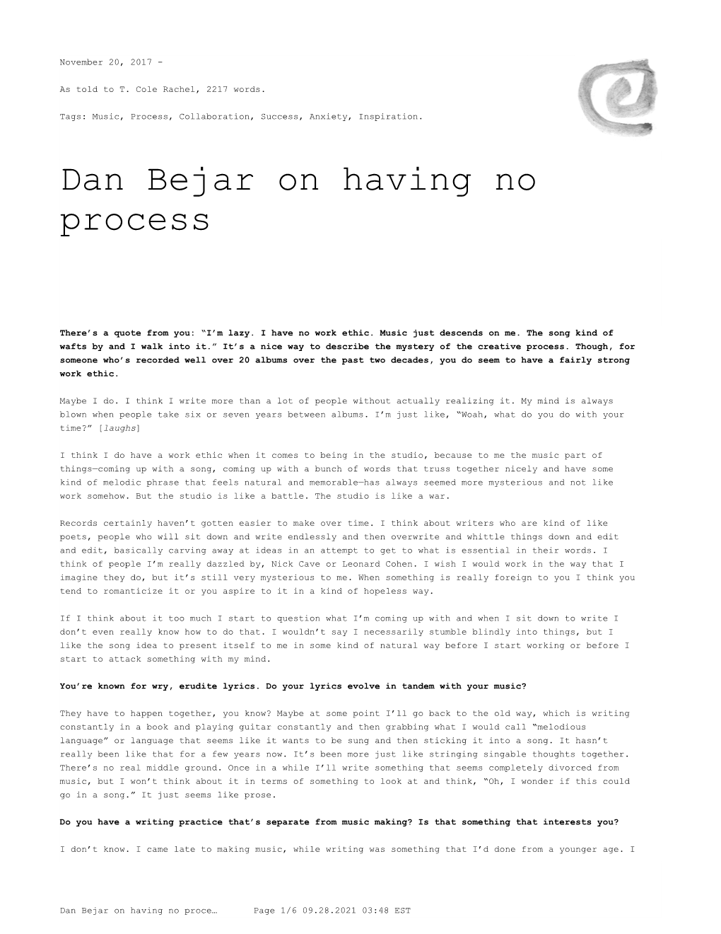 Dan Bejar on Having No Process