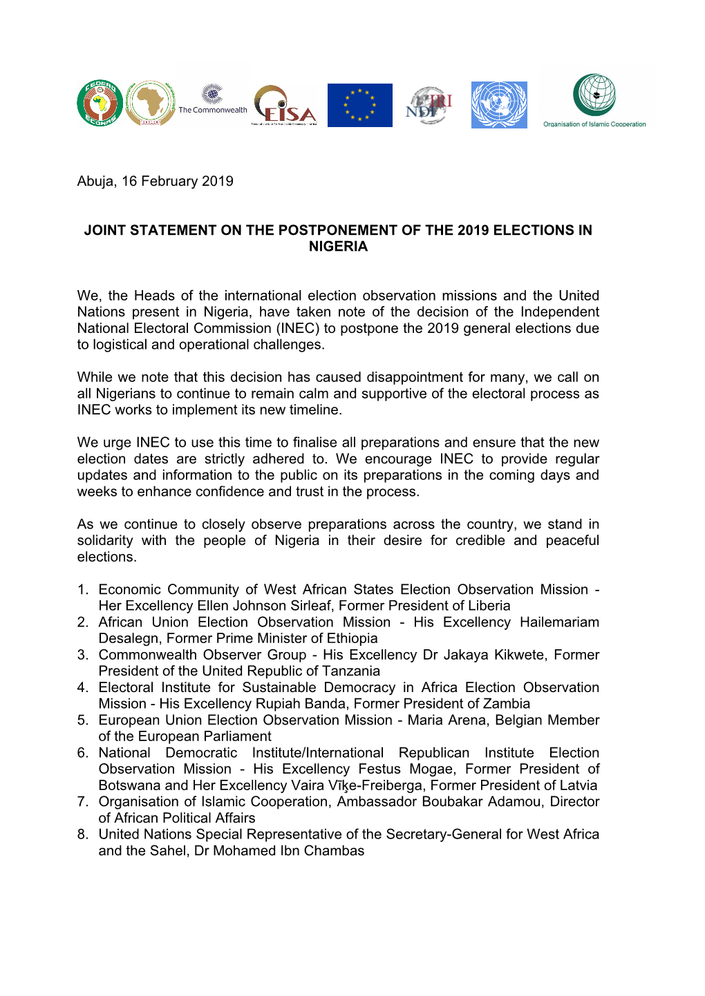 Joint Statement on the Postponement of the 2019 Elections in Nigeria