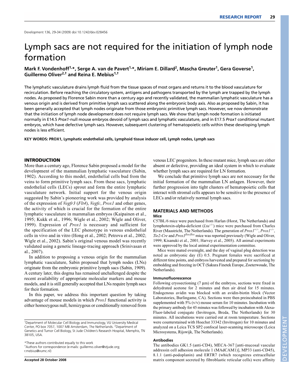 Lymph Sacs Are Not Required for the Initiation of Lymph Node Formation Mark F