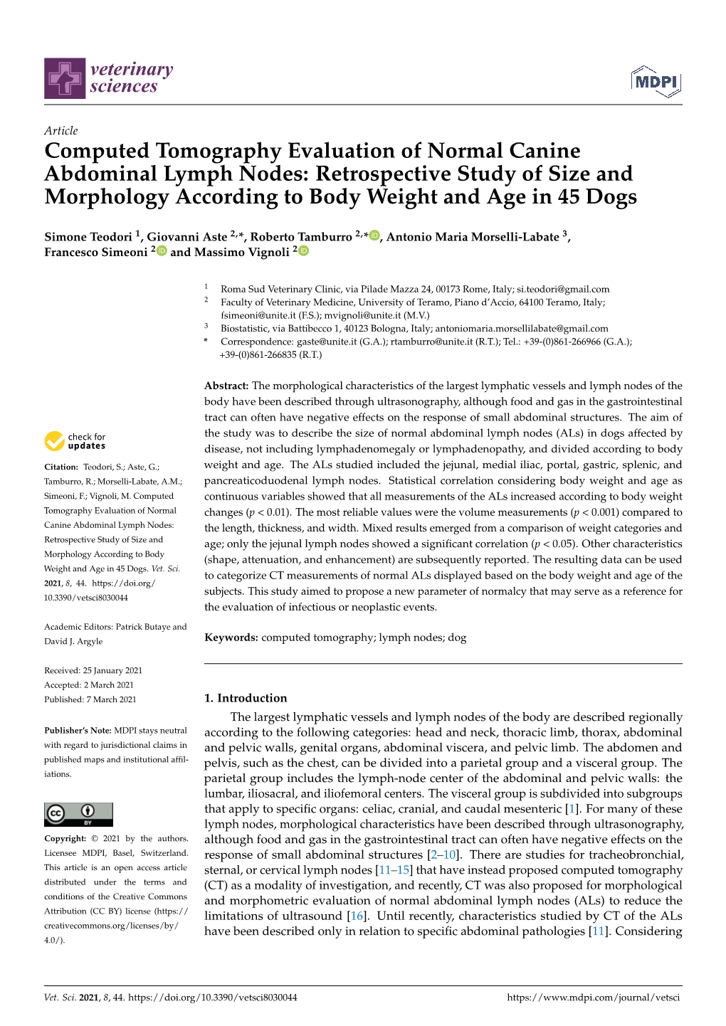 Computed Tomography Evaluation of Normal Canine Abdominal Lymph Nodes: Retrospective Study of Size and Morphology According to Body Weight and Age in 45 Dogs