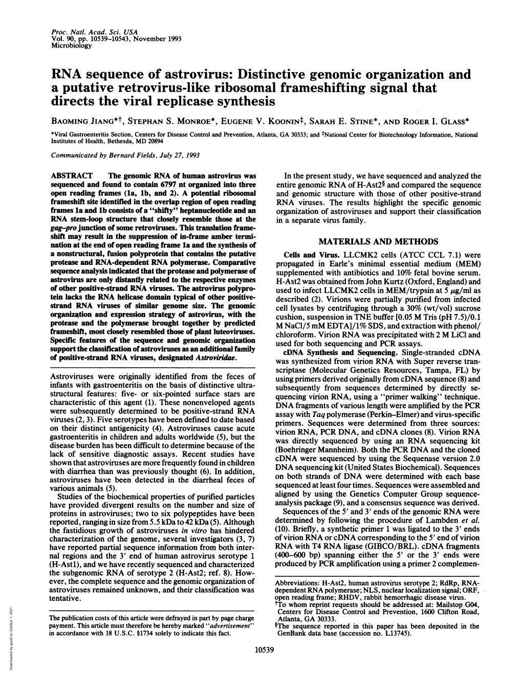 RNA Sequence of Astrovirus: Distinctive Genomic Organization and a Putative Retrovirus-Like Ribosomal Frameshifting Signal That Directs the Viral Replicase Synthesis