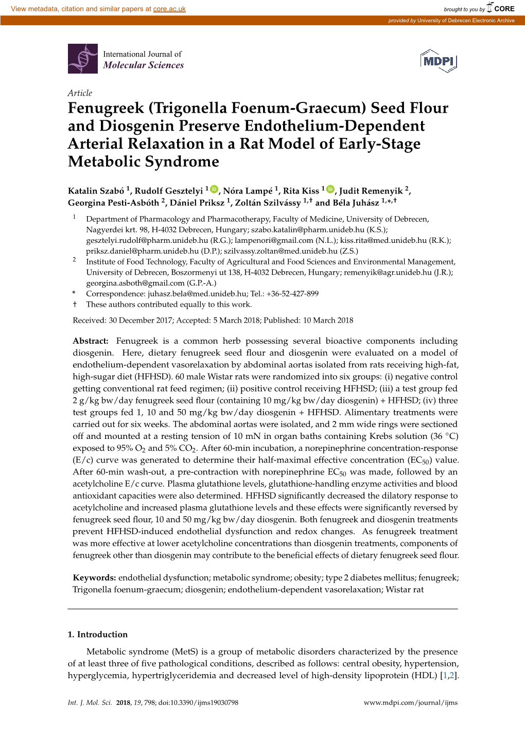 Fenugreek (Trigonella Foenum-Graecum) Seed Flour and Diosgenin Preserve Endothelium-Dependent Arterial Relaxation in a Rat Model of Early-Stage Metabolic Syndrome