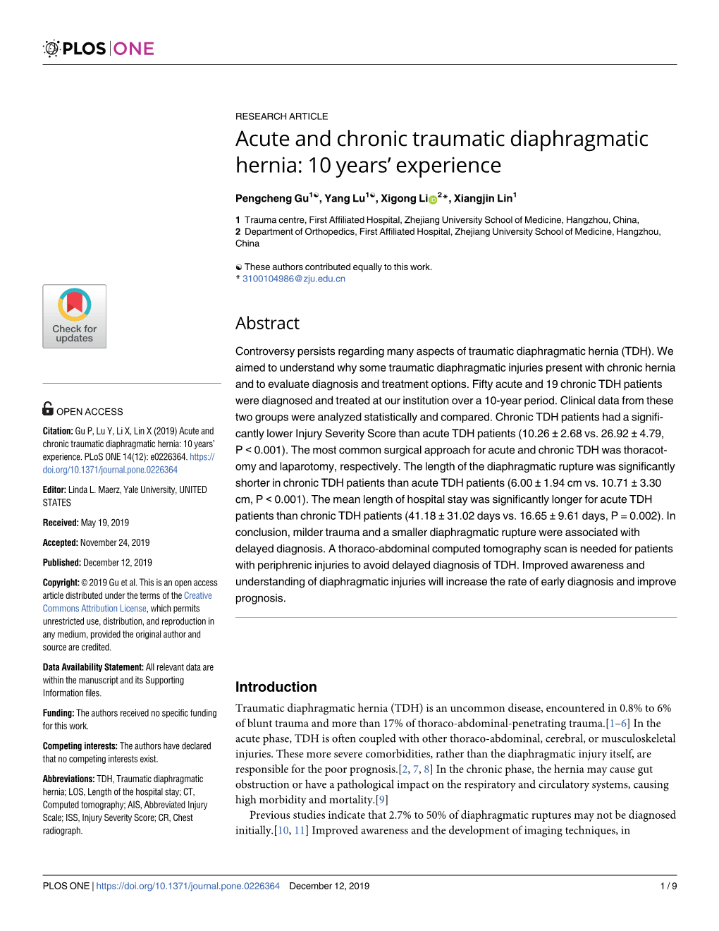 Acute and Chronic Traumatic Diaphragmatic Hernia: 10 Years’ Experience