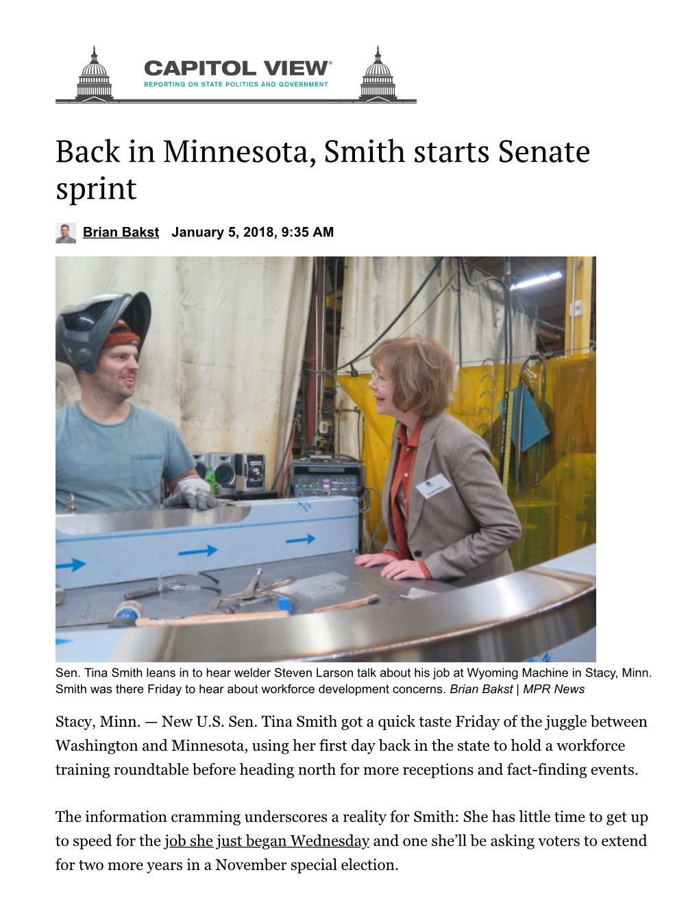 Back in Minnesota, Smith Starts Senate Sprint