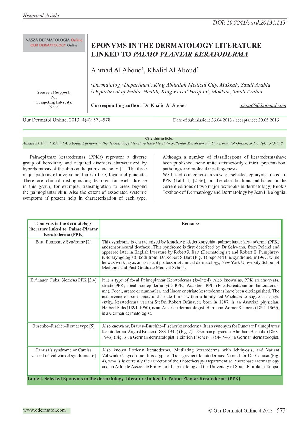 Eponyms in the Dermatology Literature Linked to Palmo-Plantar Keratoderma