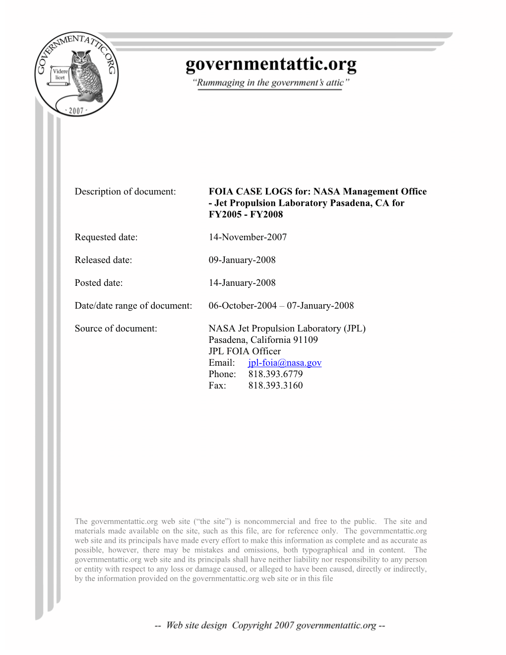 FOIA Logs for NASA Mgmt Office