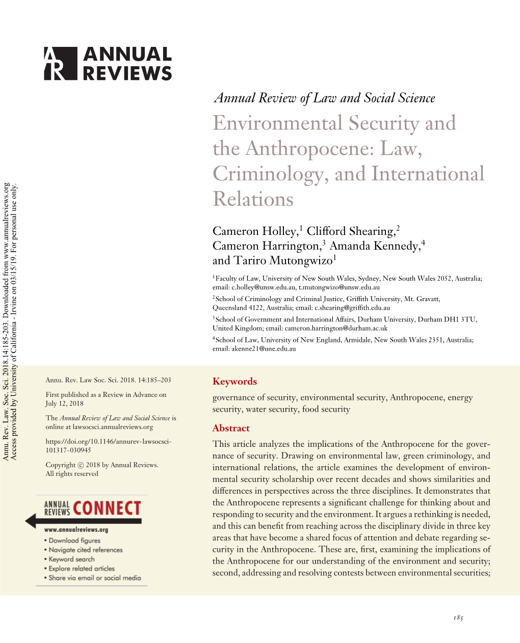 Environmental Security and the Anthropocene: Law, Criminology, and International Relations