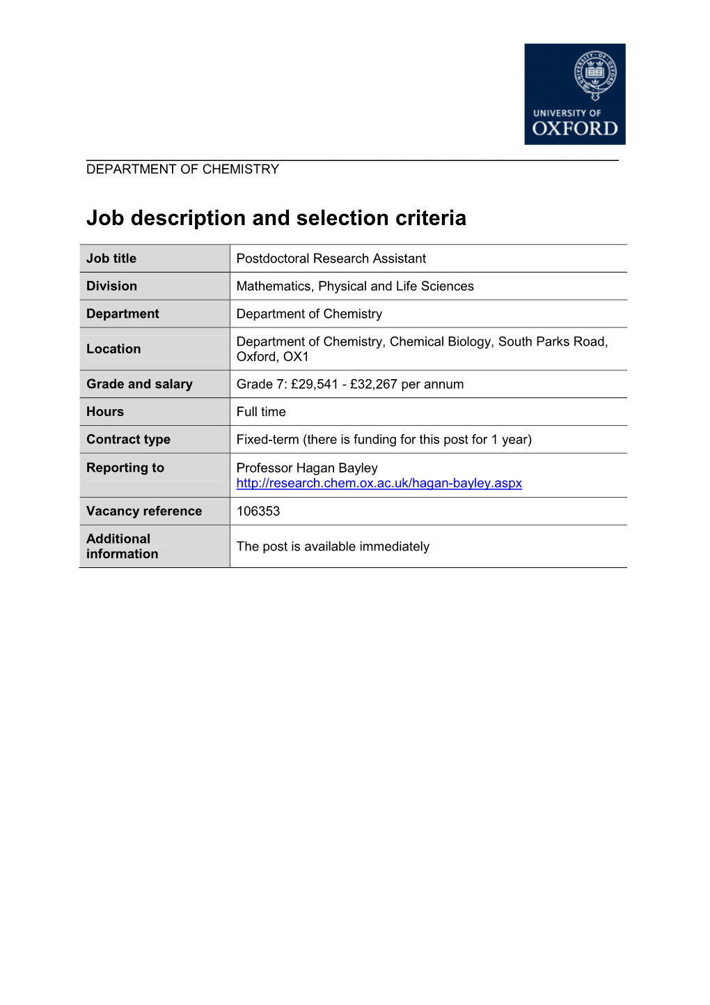 Job Description and Person Specificationselection Criteria