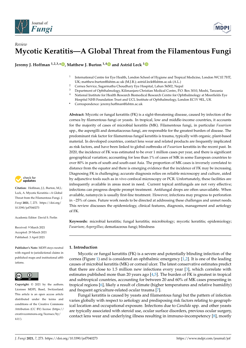 Mycotic Keratitis—A Global Threat from the Filamentous Fungi