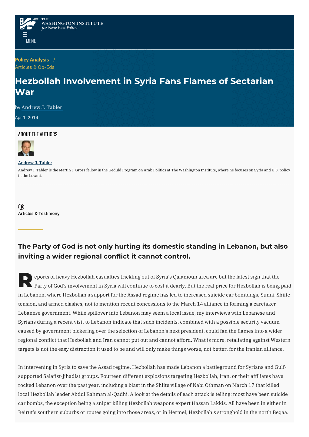 Hezbollah Involvement in Syria Fans Flames of Sectarian War by Andrew J