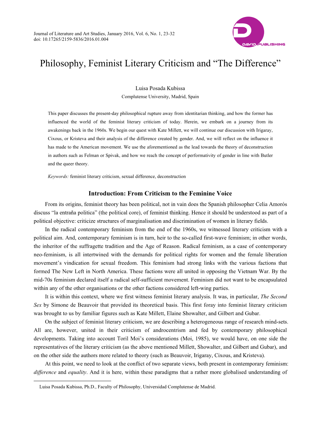 Philosophy, Feminist Literary Criticism and “The Difference”