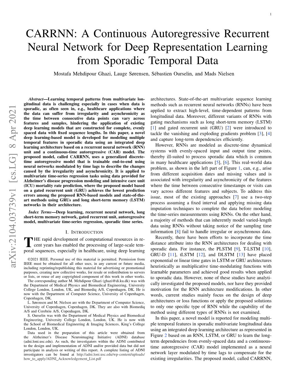 CARRNN: a Continuous Autoregressive Recurrent Neural Network for Deep Representation Learning from Sporadic Temporal Data