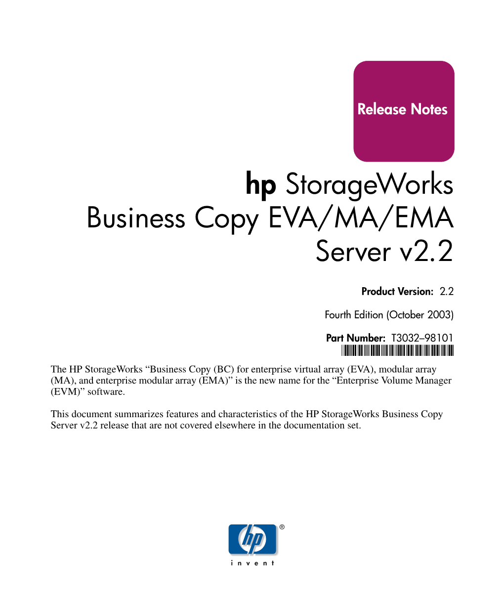 Hp Storage Works Business Copy EVA/MA/EMA Server V2.2 Release Notes