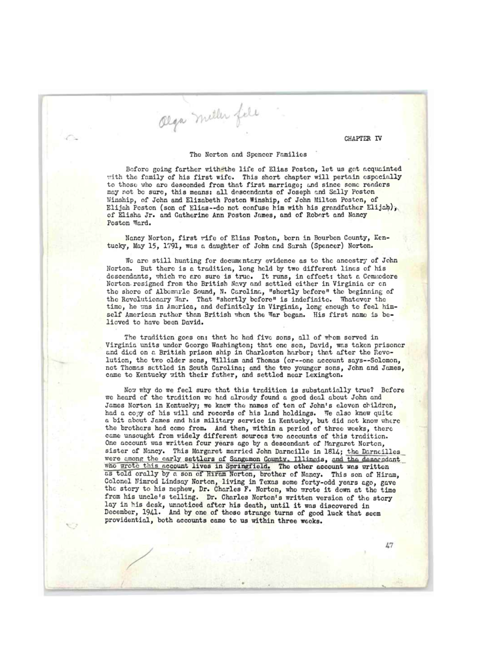 CHAPTER IV the Norton and Spencer Families Before Going Farther With-«The Life of Elias Poston, Let Us Got Acquainted with the Family of His First Wife