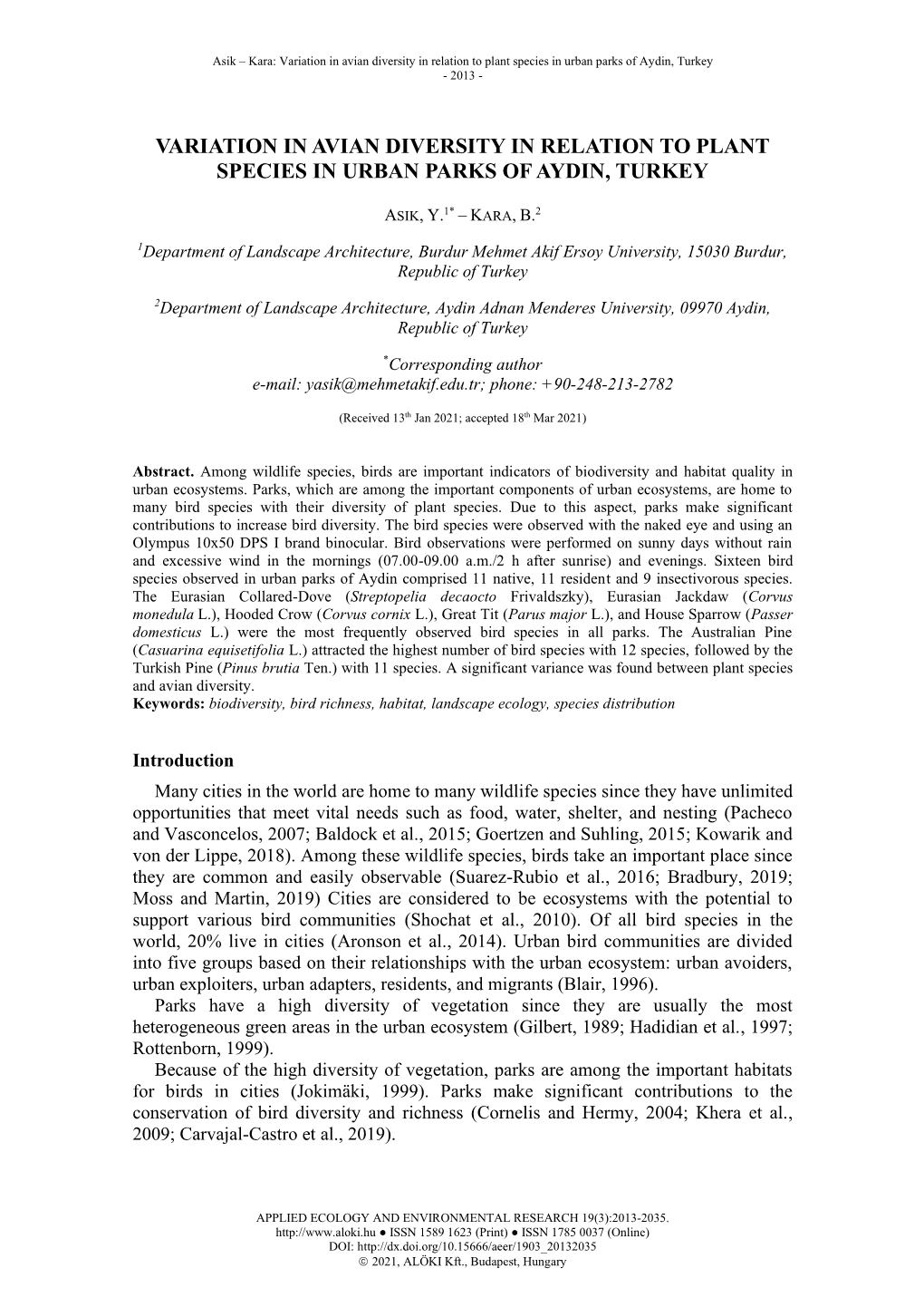 Variation in Avian Diversity in Relation to Plant Species in Urban Parks of Aydin, Turkey - 2013