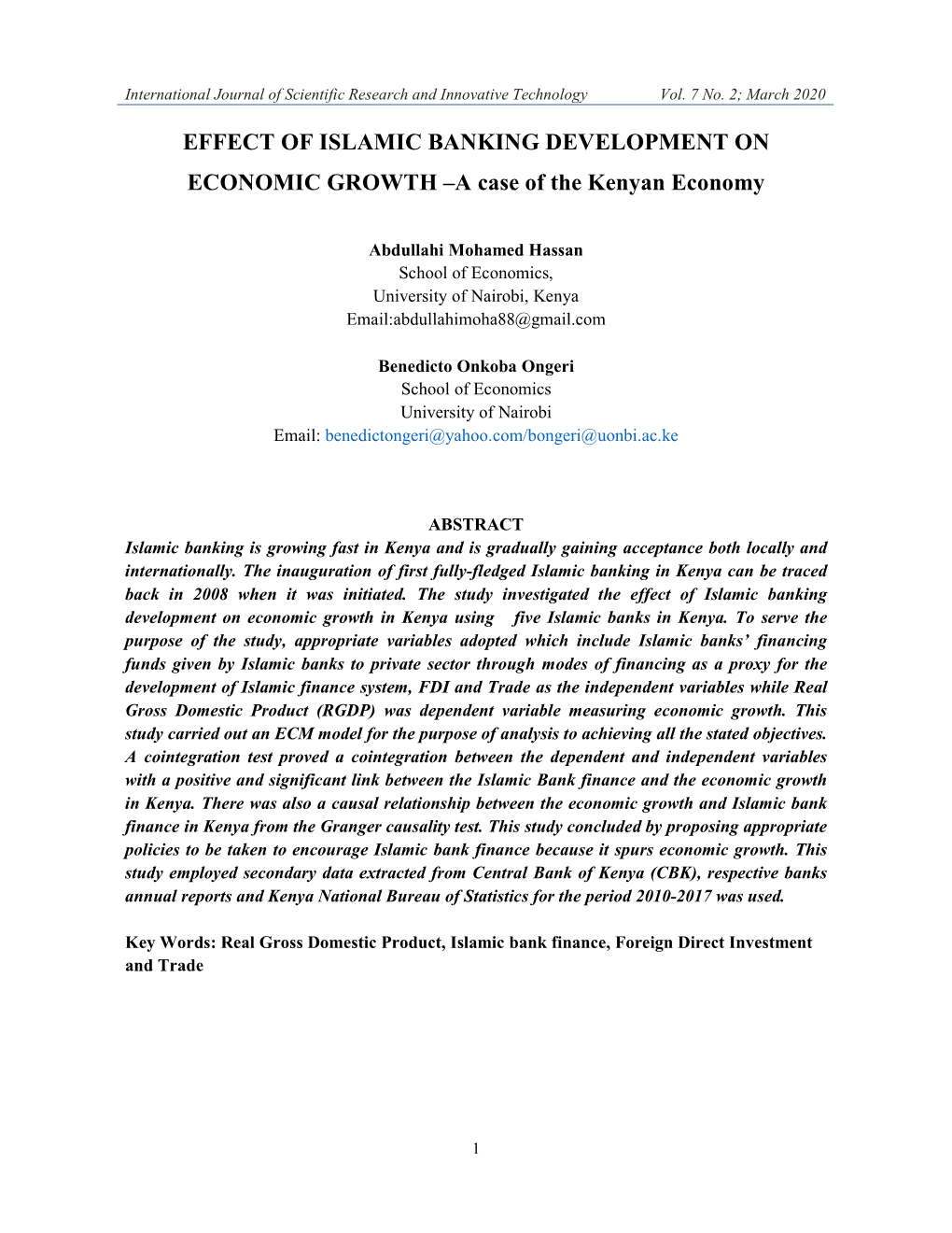 EFFECT of ISLAMIC BANKING DEVELOPMENT on ECONOMIC GROWTH –A Case of the Kenyan Economy