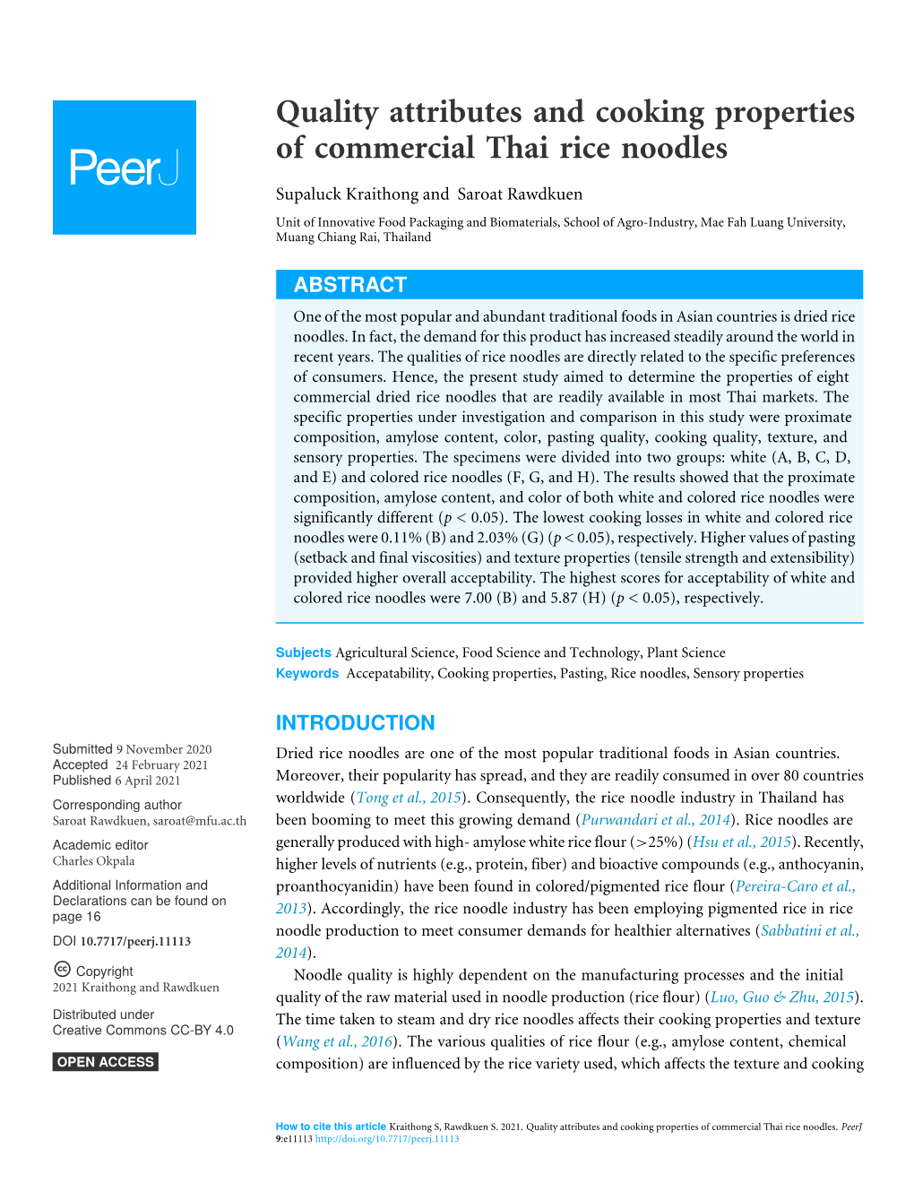 Quality Attributes and Cooking Properties of Commercial Thai Rice Noodles