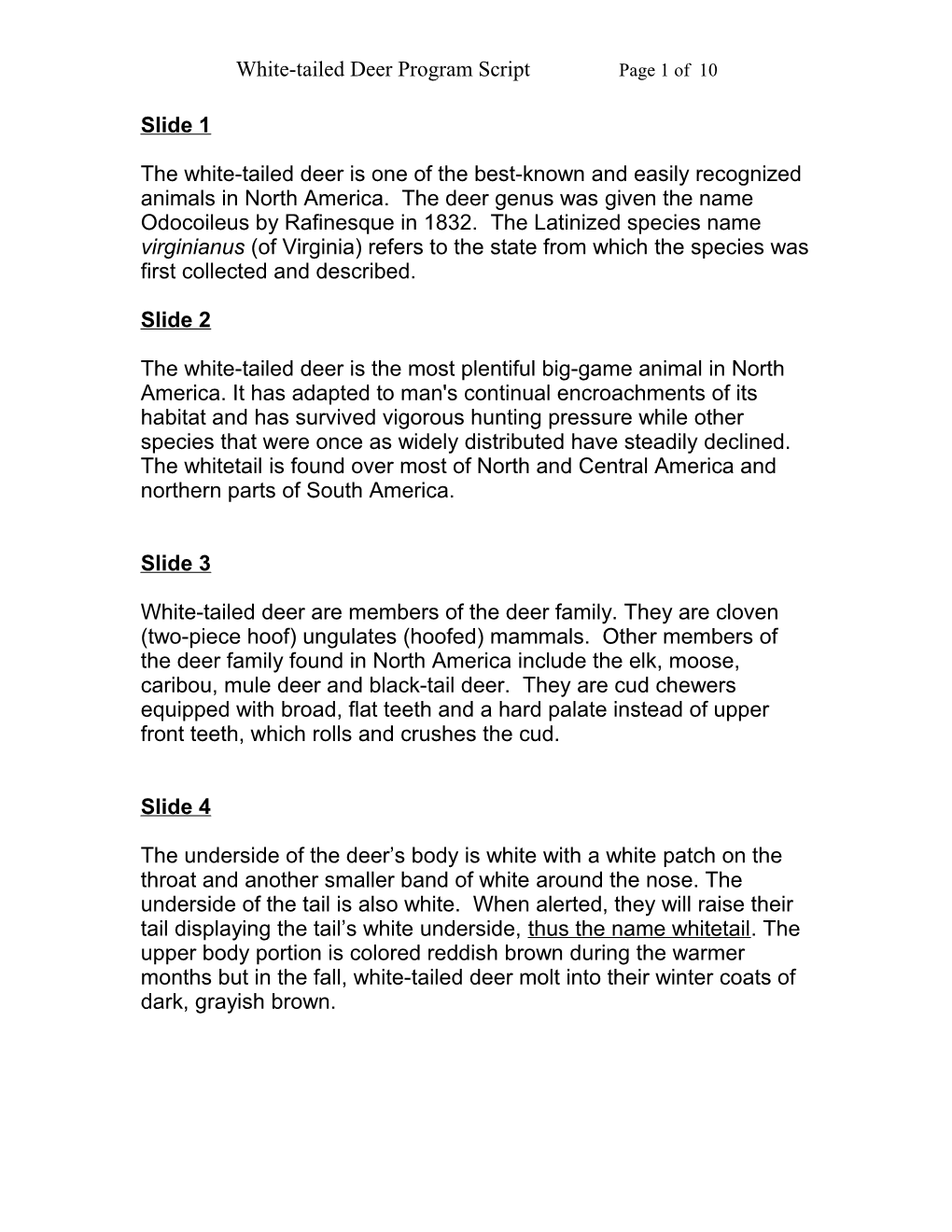 White-Tailed Deer Program Script Page 1 of 9