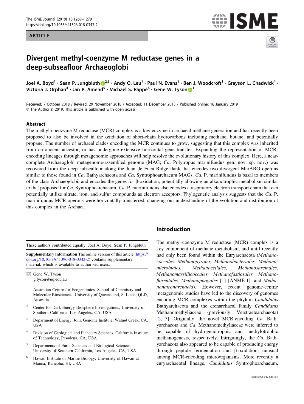 Divergent Methyl-Coenzyme M Reductase Genes in a Deep-Subseaﬂoor Archaeoglobi