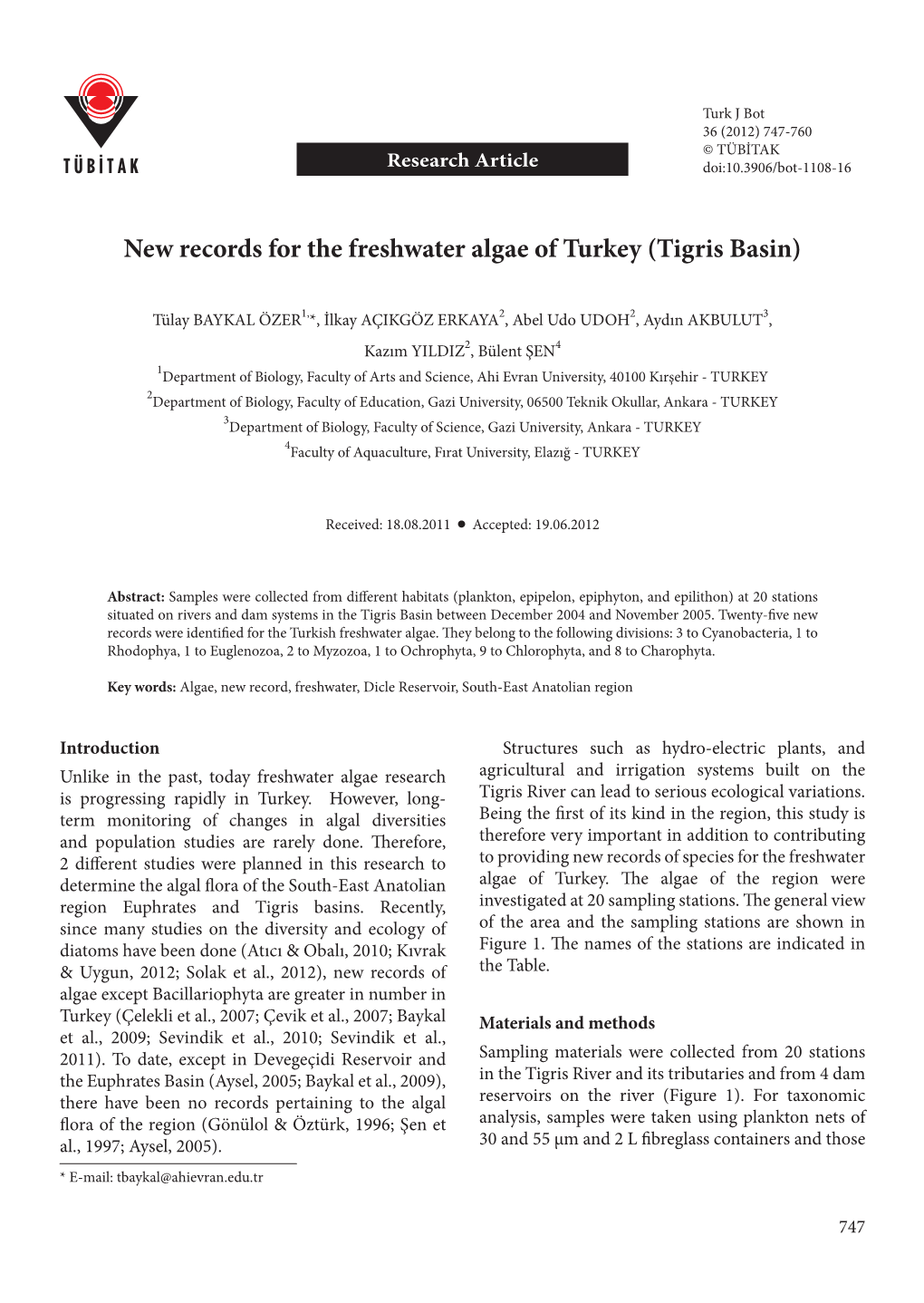 New Records for the Freshwater Algae of Turkey (Tigris Basin)