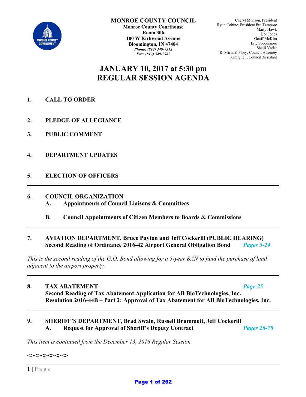 JANUARY 10, 2017 at 5:30 Pm REGULAR SESSION AGENDA