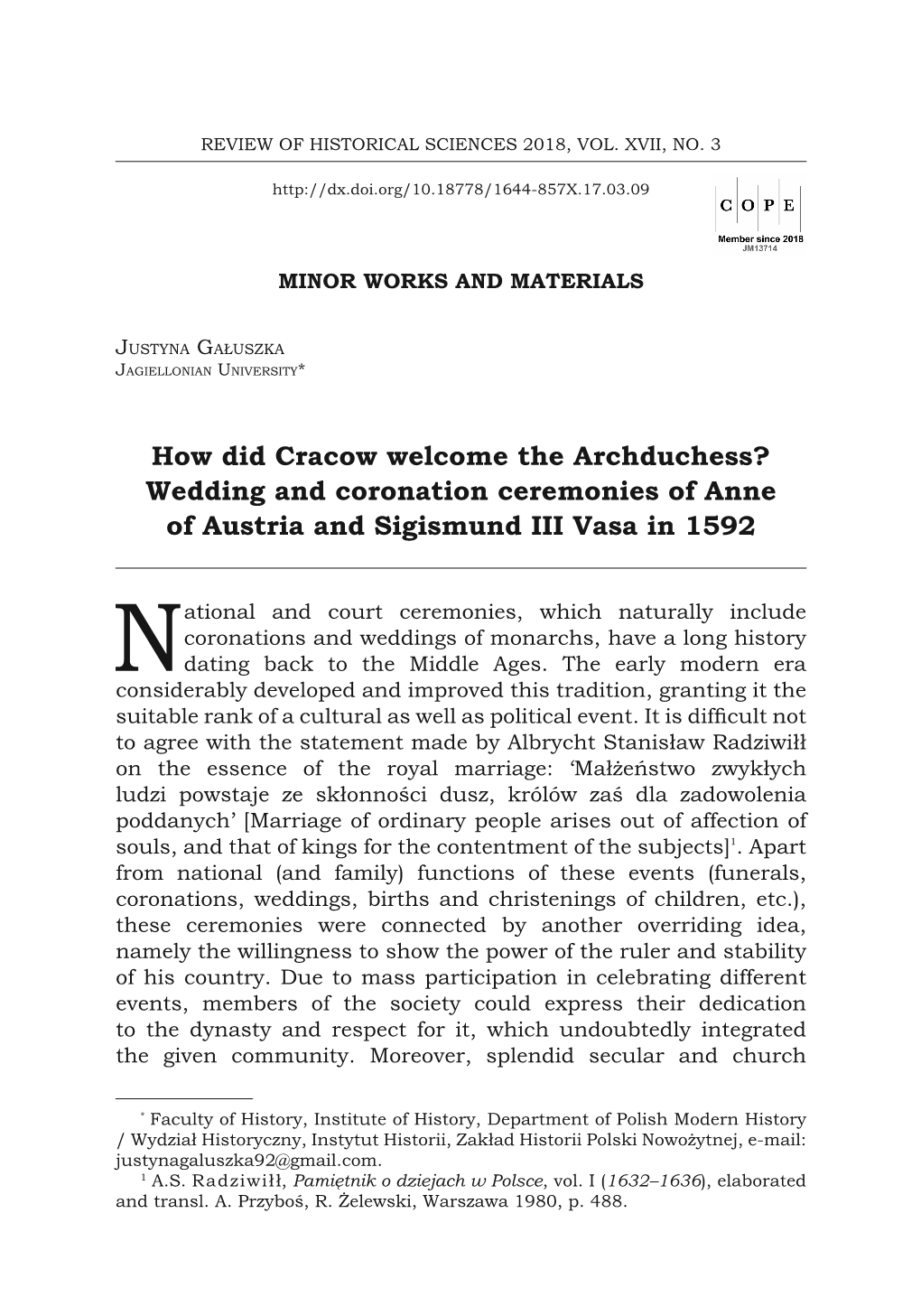 Wedding and Coronation Ceremonies of Anne of Austria and Sigismund III Vasa in 1592