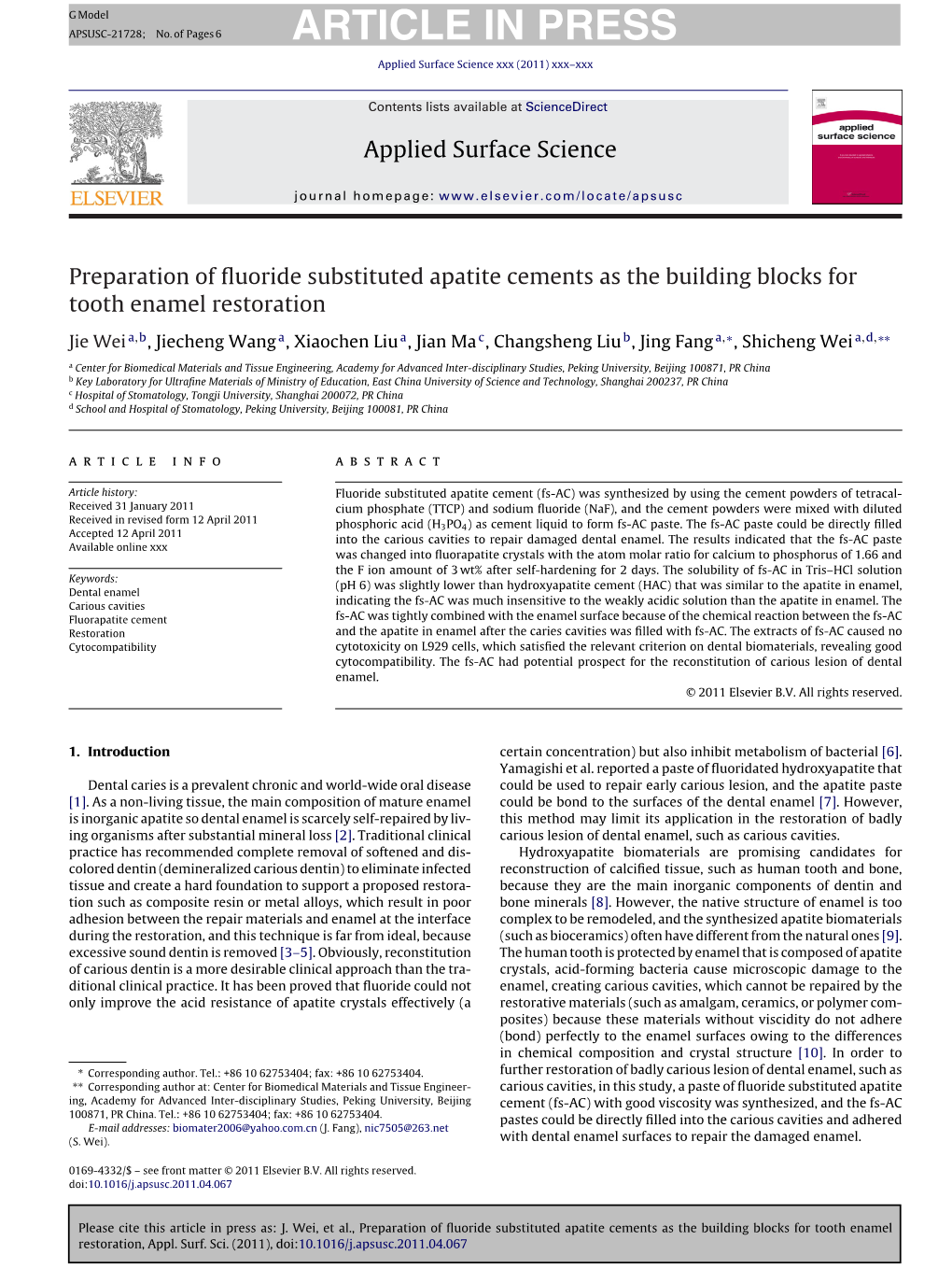 Preparation of Fluoride Substituted Apatite Cements As the Building