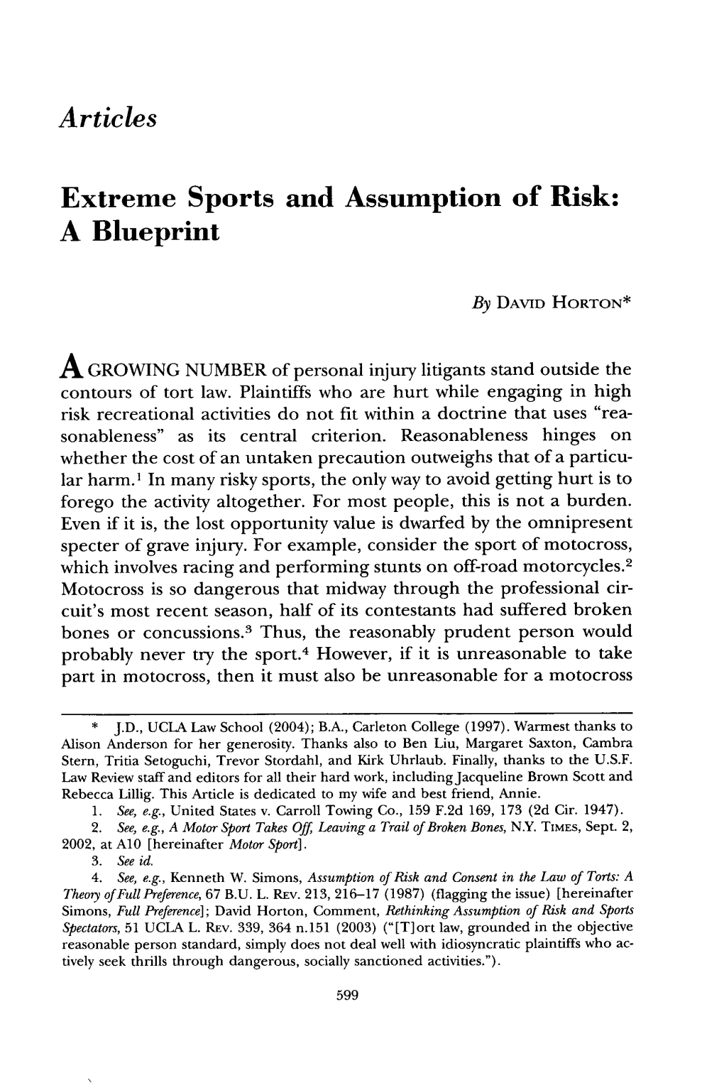 Extreme Sports and Assumption of Risk: a Blueprint