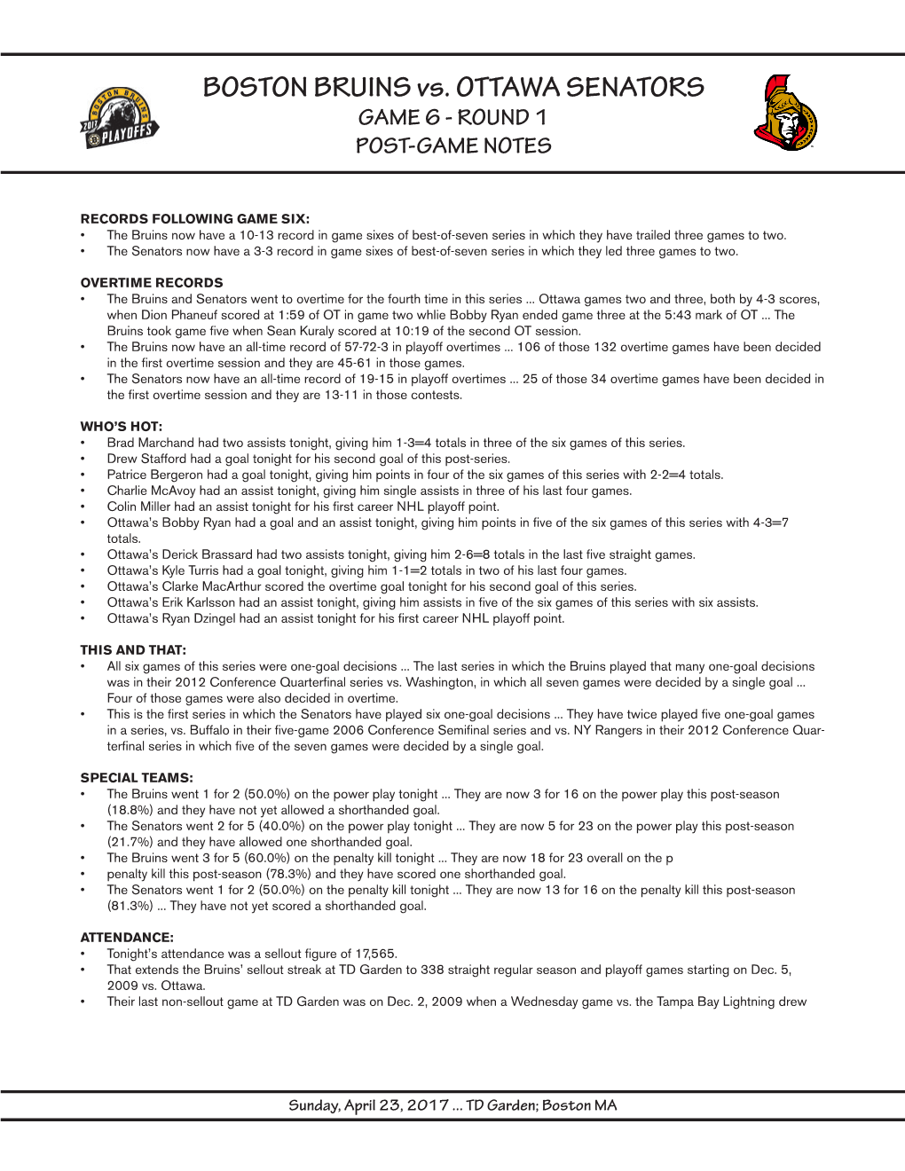 BOSTON BRUINS Vs. OTTAWA SENATORS GAME 6 - ROUND 1 POST-GAME NOTES