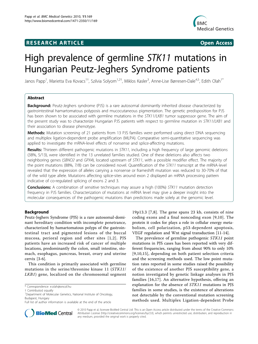 High Prevalence of Germline STK11 Mutations in Hungarian Peutz