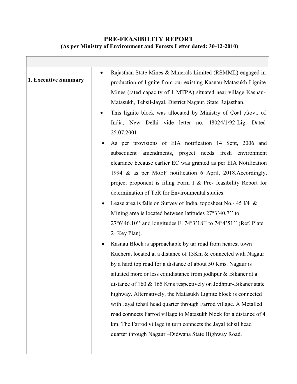 PRE-FEASIBILITY REPORT (As Per Ministry of Environment and Forests Letter Dated: 30-12-2010)