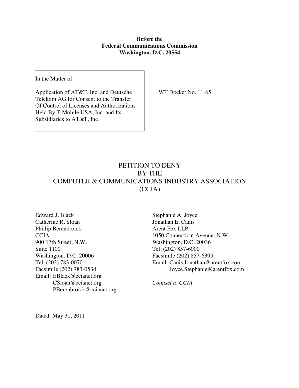 CCIA's Petition to Deny AT&T/T-Mobile Merger