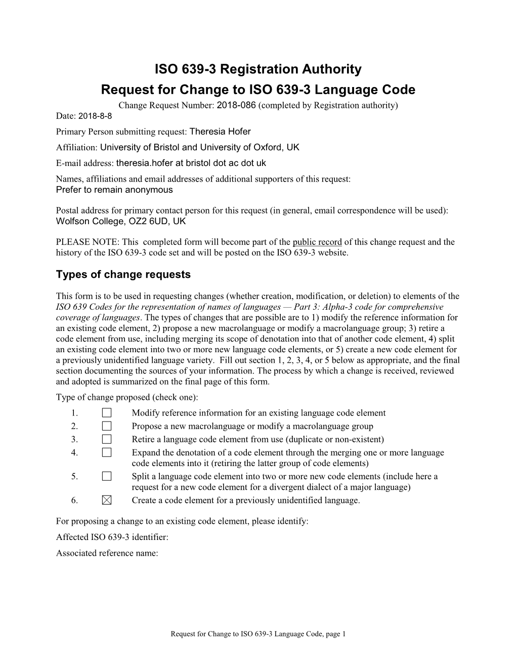 ISO 639-3 Code Split Request Template